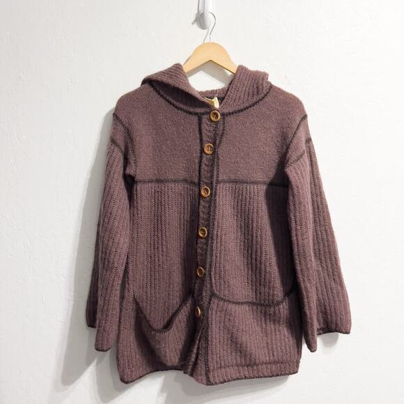 Vintage Gil Aimbez Genre Sweater Medium Hoodie Knit Cardigan Brown Wood Wool - Picture 1 of 6